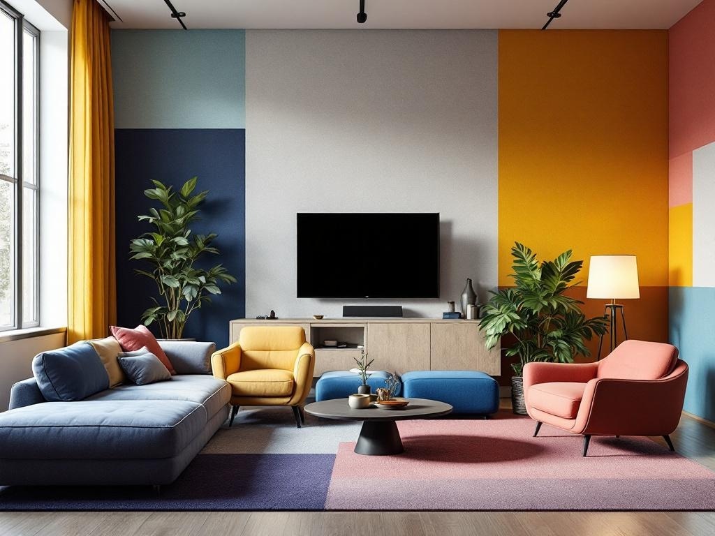 A living room featuring dynamic color blocking with various colored walls and stylish furniture.