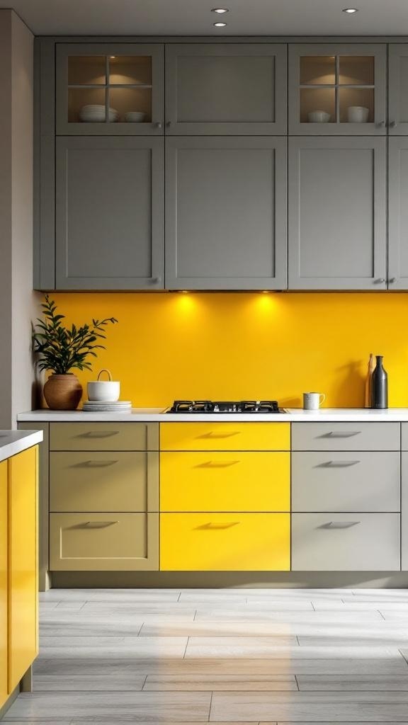 A modern kitchen with gray cabinets and yellow accents, featuring a bright yellow wall and under-cabinet lighting.