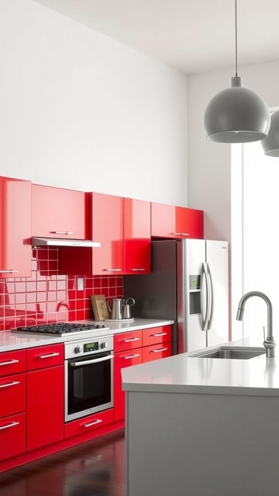 A modern kitchen featuring vibrant red cabinets and appliances, with white countertops and walls.