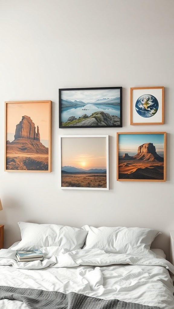 A collection of earth-inspired wall art featuring landscapes and nature scenes in warm tones.