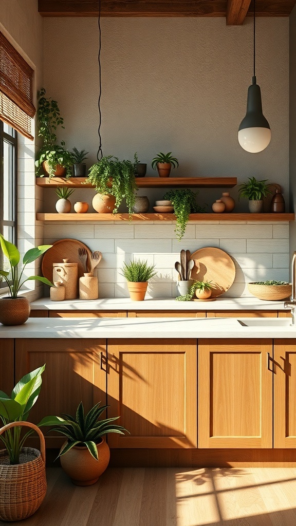 A cozy kitchen with wooden cabinets, plants, and natural light.