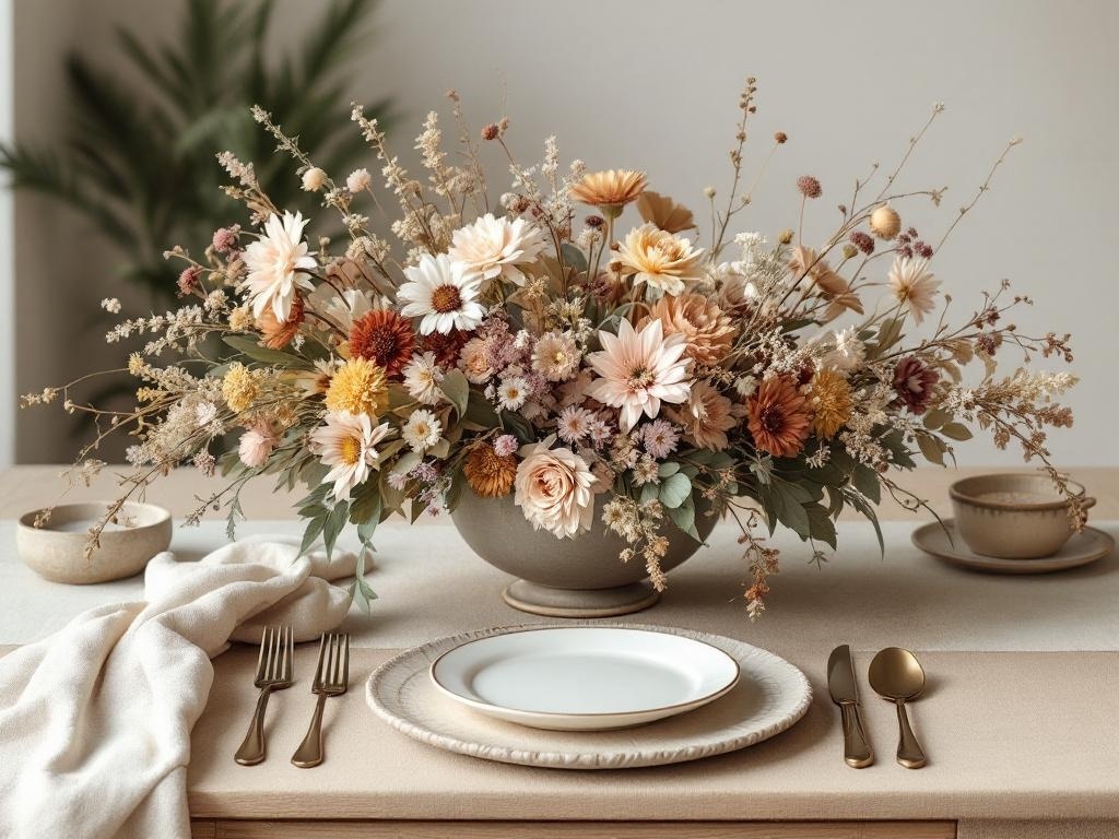A neutral Thanksgiving table setting featuring an earthy centerpiece with dried flowers.