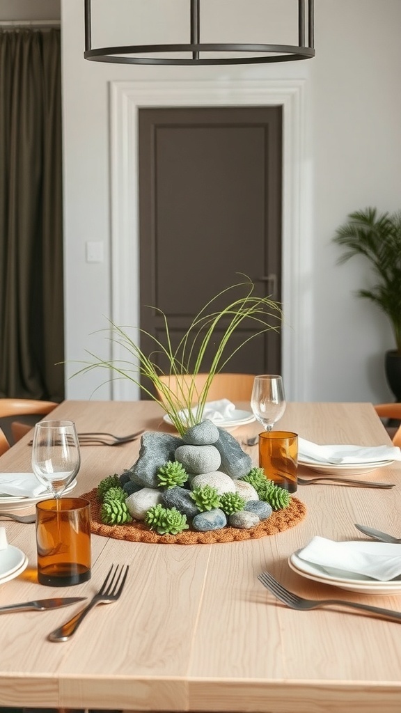 A minimalist table setting with a white tablecloth, smooth stones, a succulent plant, and elegant glassware.