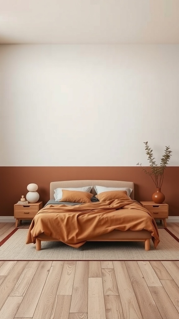 A cozy bedroom with earthy tone color block walls featuring warm browns and soft creams.