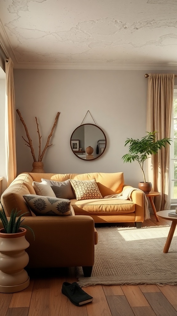 Cozy English cottage living room with earthy colors and textures