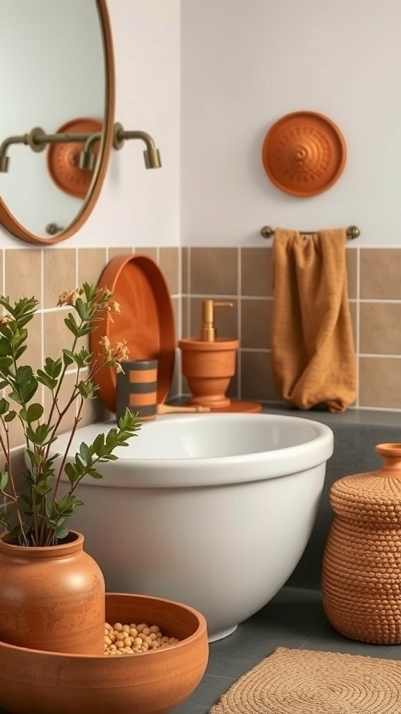 A cozy bathroom decorated with earthy tones, featuring terracotta accessories and plants.