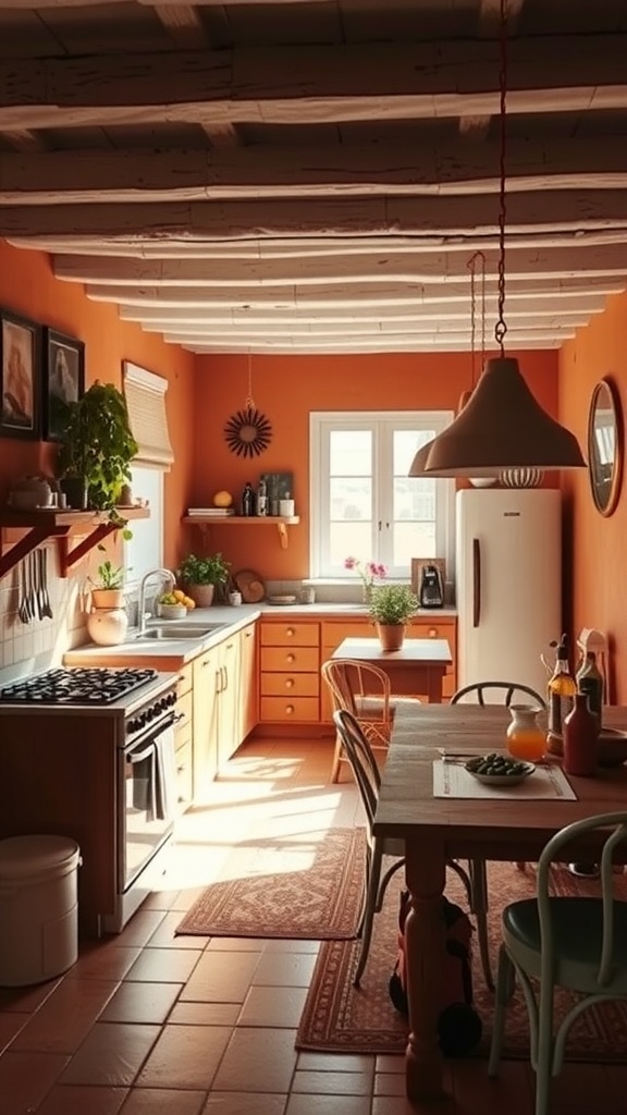 A boho kitchen with terracotta walls, wooden cabinets, and plants, showcasing an earthy color palette.