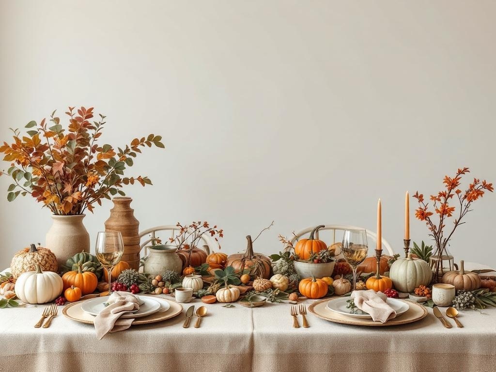 A boho Thanksgiving table decorated with earthy colors, featuring pumpkins, foliage, and rustic pottery.