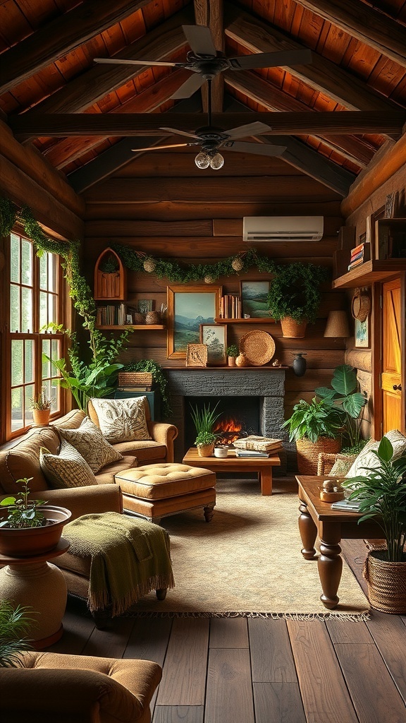 Cozy cabin interior with earthy color palette and natural decor.