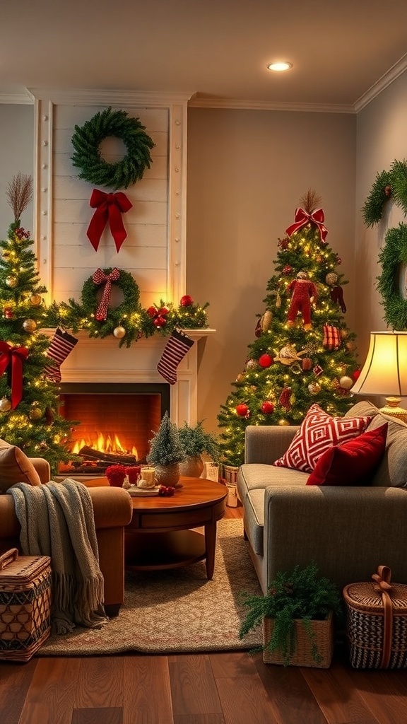 Cozy living room decorated for Christmas with earthy tones and festive decor.