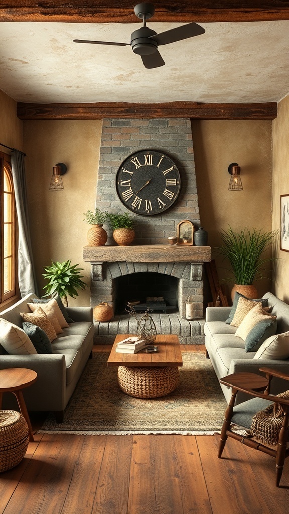 A rustic living room featuring earthy colors, comfortable seating, and a warm atmosphere.