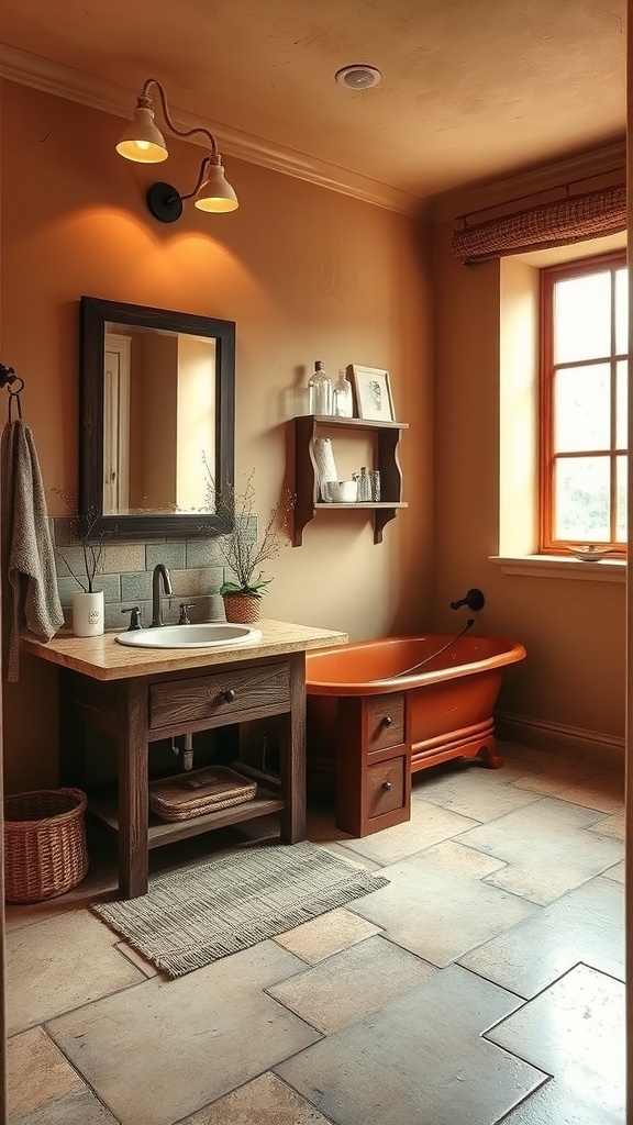A rustic farmhouse bathroom featuring earthy tones, a wooden vanity, and an orange bathtub.
