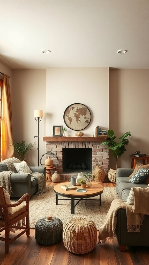 A cozy rustic living room featuring earthy tones and natural materials.