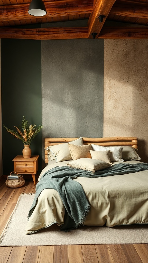 A modern rustic bedroom featuring an earthy color palette with green and beige walls, wooden furniture, and cozy bedding.