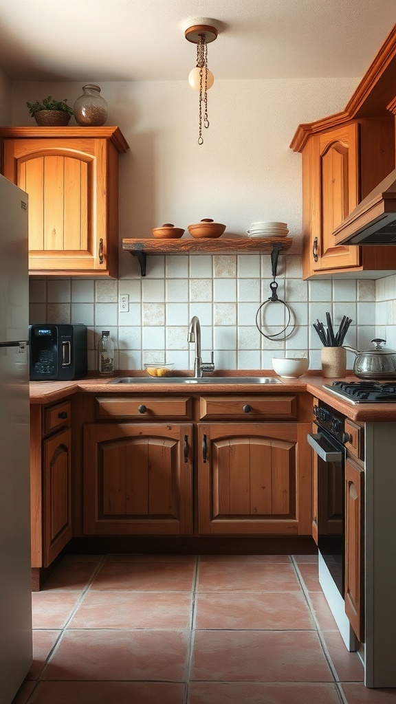Rustic kitchen with wooden cabinets and terracotta tiles