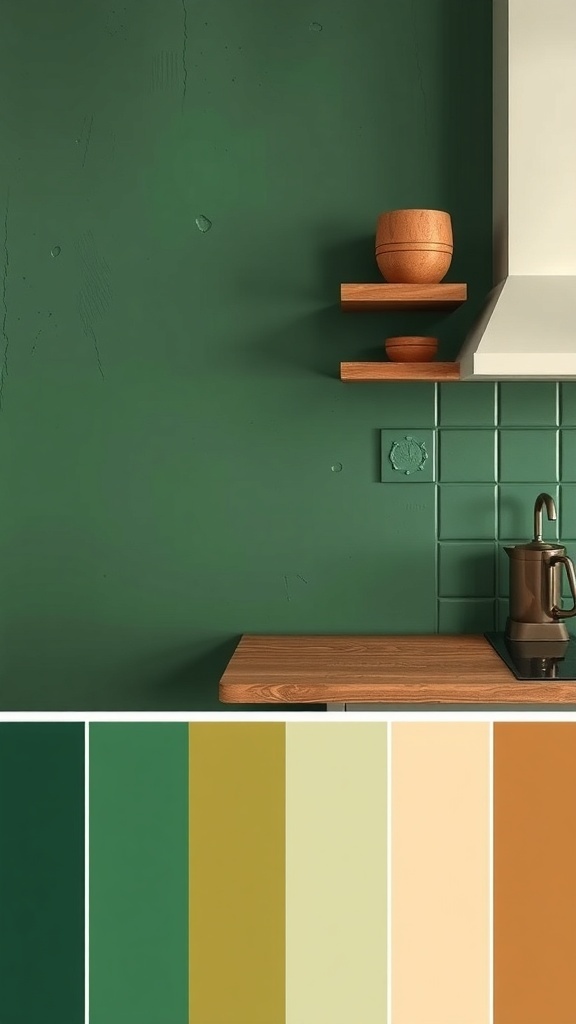 A rustic green kitchen featuring earthy tones and wooden accents.