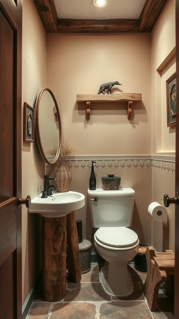 A rustic small bathroom featuring earthy colors and natural materials.