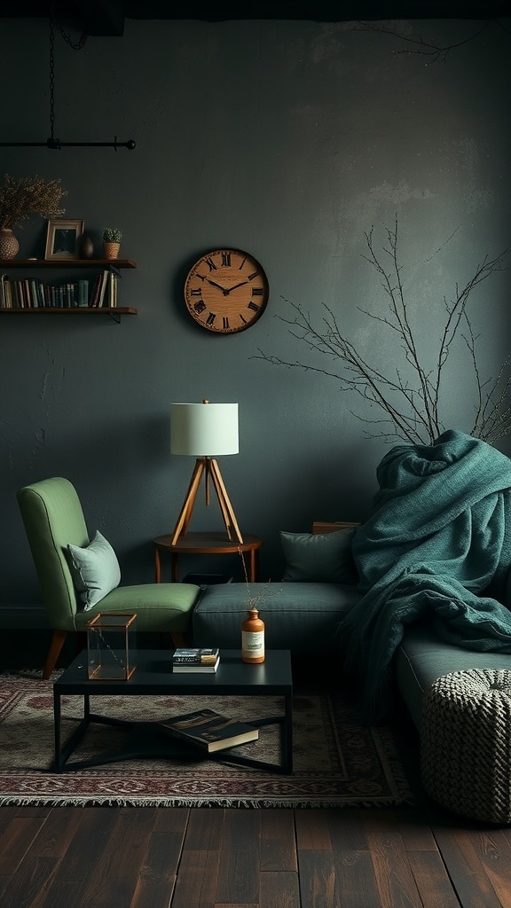 A dark rustic living room featuring earthy colors, with a green chair, dark sofa, and wooden accents.