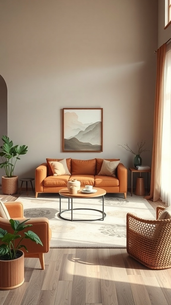 A rustic apartment living room featuring earthy colors with a terracotta sofa, plants, and natural light.