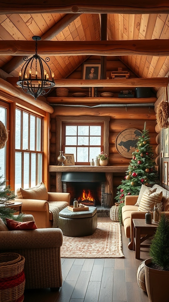 Cozy winter cabin interior with earthy color palette and natural wood elements.