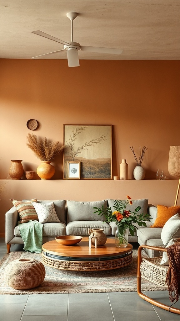 A cozy farmhouse boho living room featuring earthy colors, plants, and natural materials.