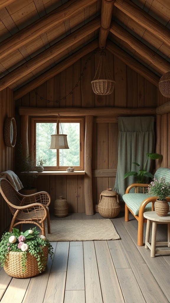 Cozy cabin interior with earthy tones and natural decor