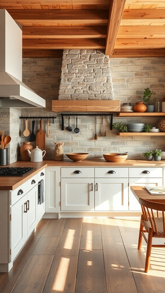 A cozy farmhouse kitchen featuring an earthy color palette with wooden textures and stone accents.