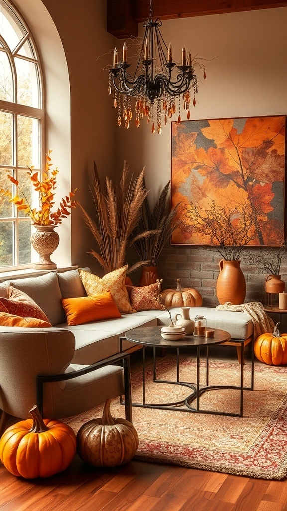 Cozy living room decorated for fall with earthy colors, pumpkins, and autumn leaves.