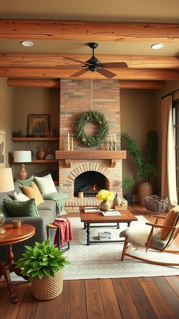 A rustic living room featuring earthy color palettes with a cozy sofa, wooden furniture, and plants.