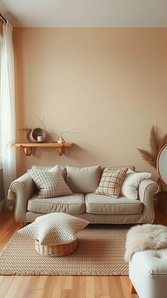 Cozy small farmhouse living room with earthy color palette and textures.