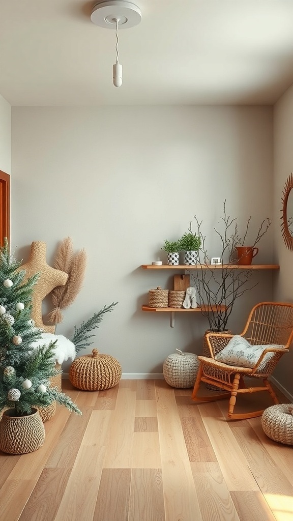 A cozy winter room decorated with earthy colors, featuring a small Christmas tree, a rattan chair, and natural decor elements.