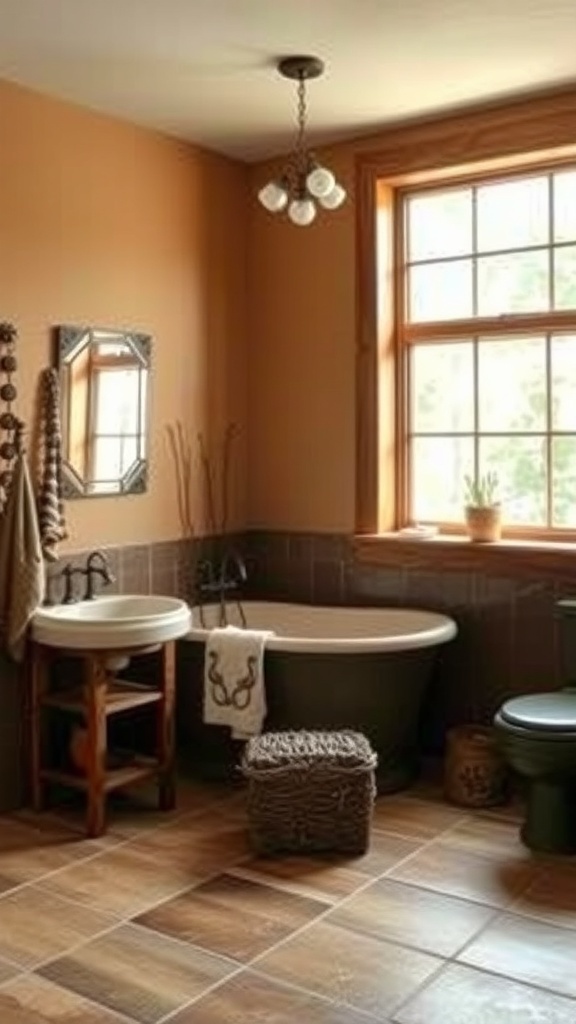 A rustic bathroom featuring earthy tones and natural materials.