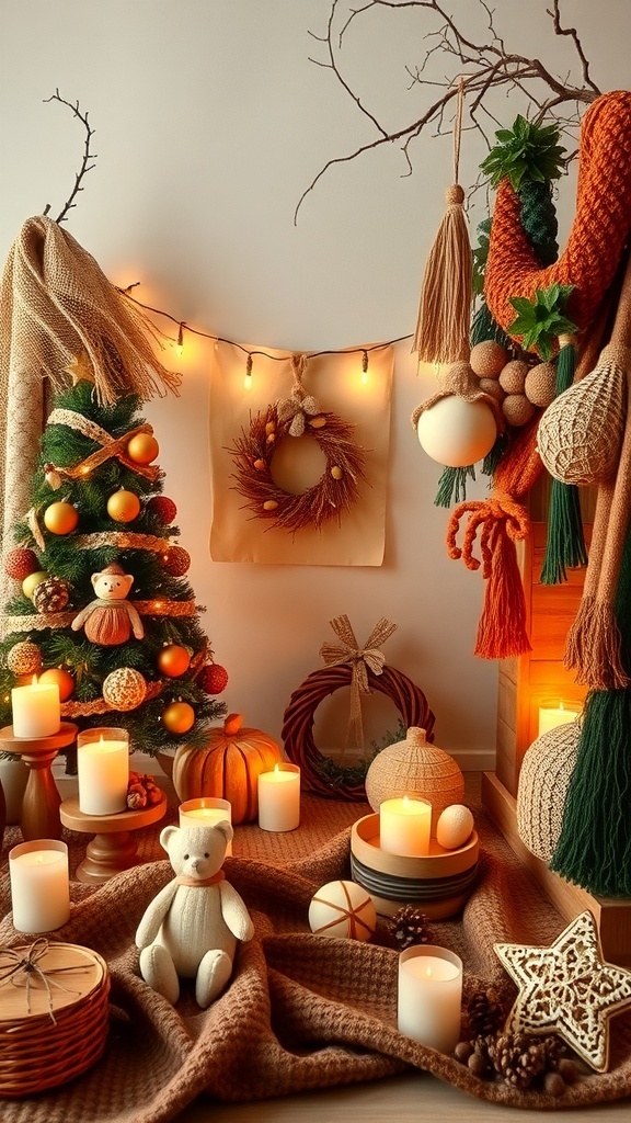 A cozy boho Christmas decor scene featuring earthy tones, candles, and natural elements.