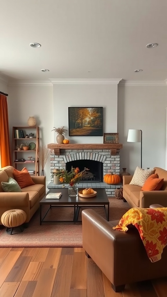 Cozy living room decorated for fall with earthy colors, pumpkins, and autumn-themed decor.
