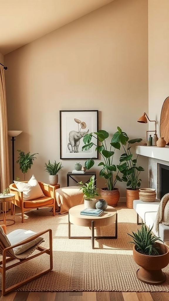 A cozy living room with earthy tones, featuring a light sofa, decorative pillows, and potted plants.