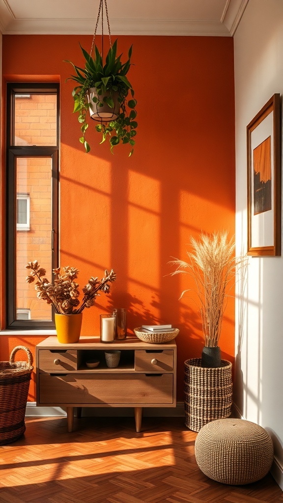 Cozy corner with earthy color palette featuring an orange wall, wooden furniture, and plants.