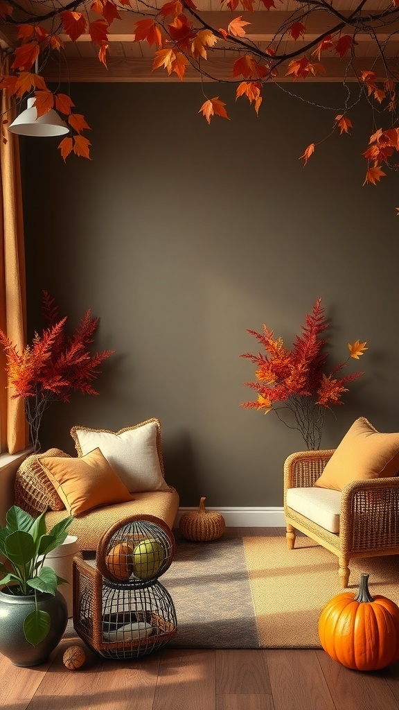 Cozy fall room with earthy colors, featuring orange leaves, a pumpkin, and comfortable seating.