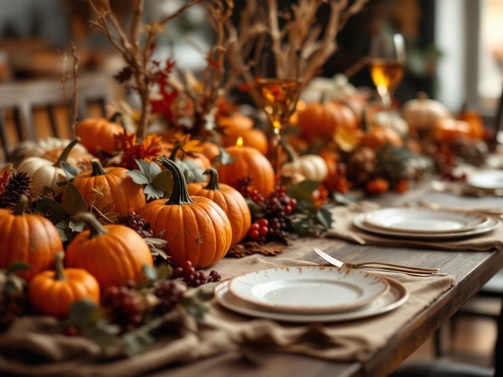 A rustic Thanksgiving table setting with pumpkins, grapes, and earthy colors.