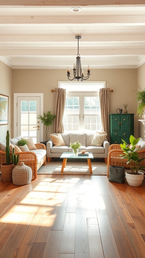A cozy farmhouse living room featuring earthy colors, natural wood flooring, rattan furniture, and green plants.