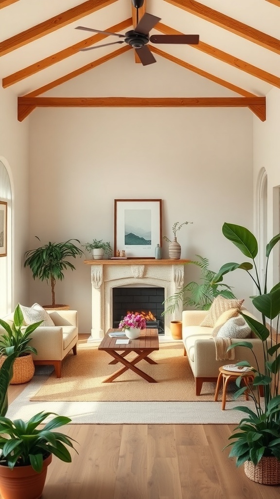 Cozy cottage living room with earthy color palette, plants, and wooden accents.