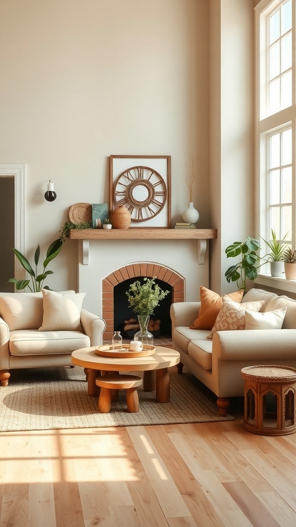 Cozy farmhouse living room with earthy color palette and natural materials
