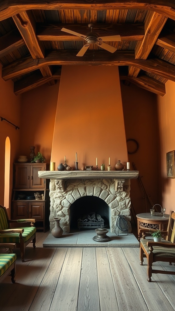 A rustic interior featuring earthy color palettes with wooden beams and stone fireplace.