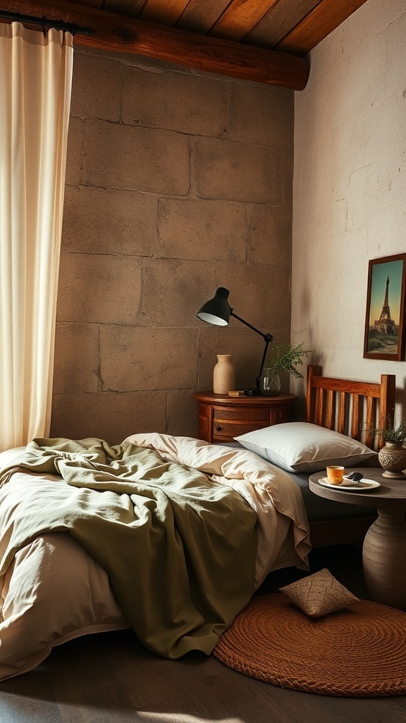 A cozy rustic bedroom with earthy color palettes featuring a green blanket, wooden furniture, and soft lighting.