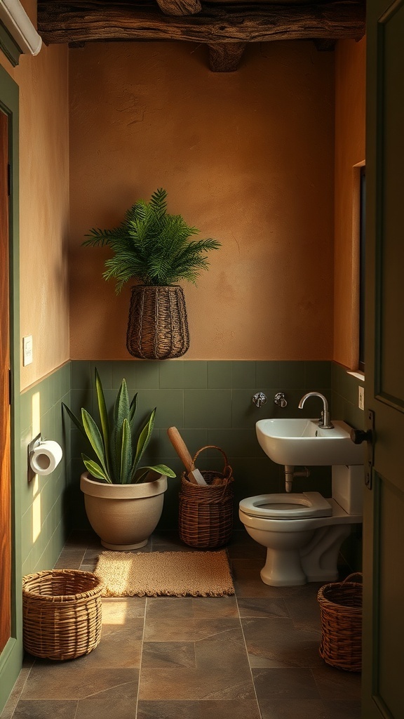 A rustic bathroom with earthy tones, featuring plants and natural materials.