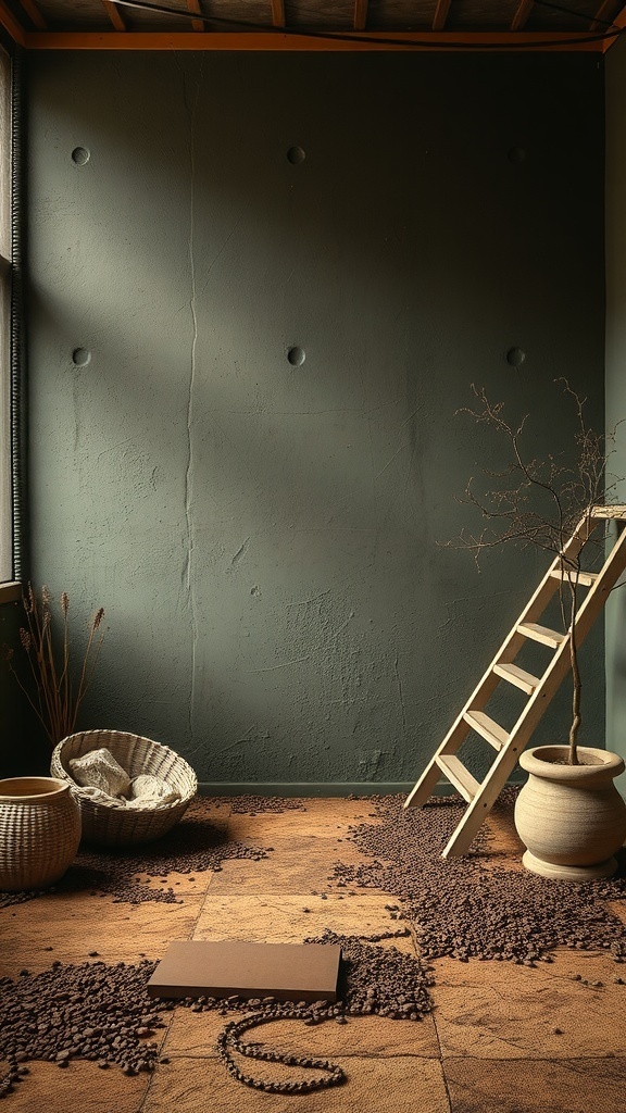 A rustic interior featuring earthy color palettes with a green wall, wooden ladder, and natural decor elements.