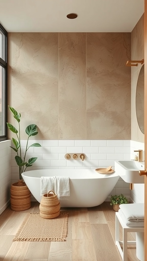 A modern rustic bathroom featuring earthy tones, a freestanding bathtub, and natural elements.