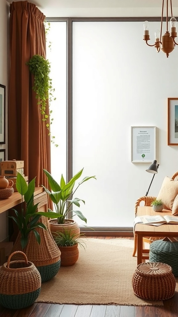 A cozy living room featuring earthy tones, plants, and rustic decor.