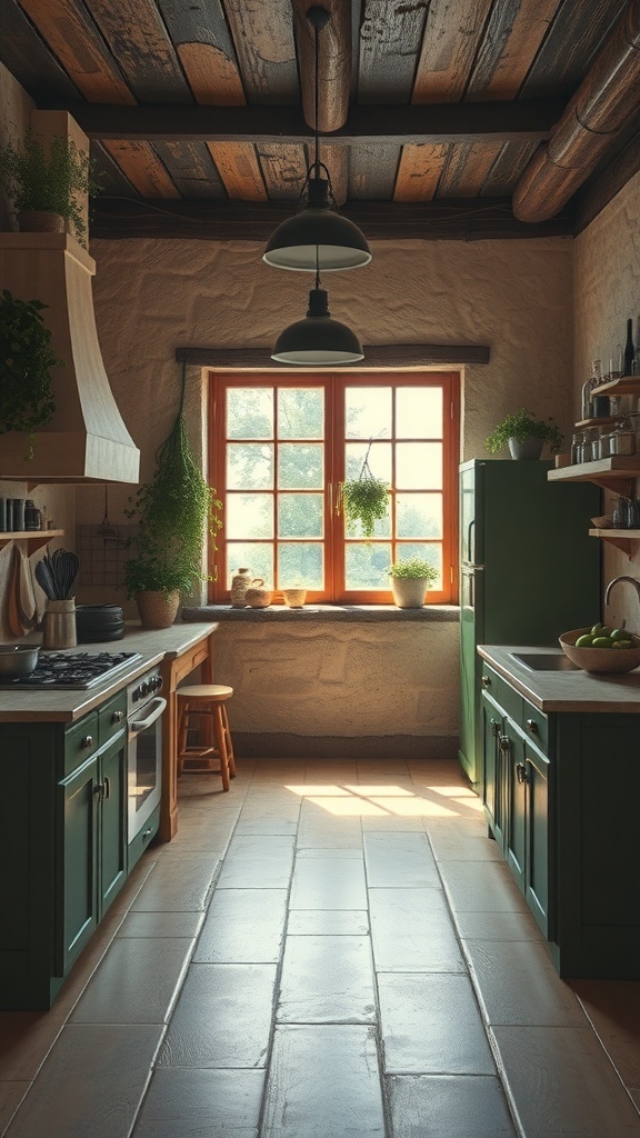 A rustic kitchen with earthy color palettes, featuring green cabinets and wooden beams.