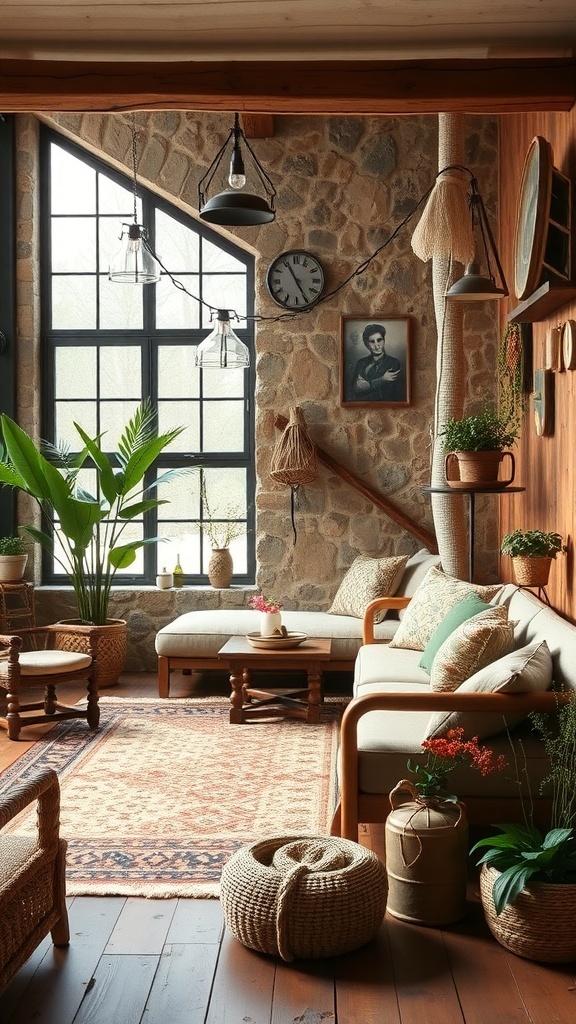 A cozy rustic living room with earthy color palettes, featuring stone walls, wooden furniture, and green plants.