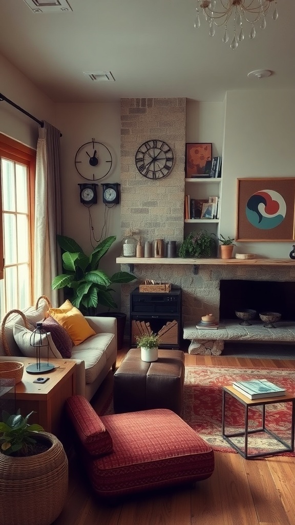 A cozy rustic room featuring earthy colors, plants, and comfortable furniture.